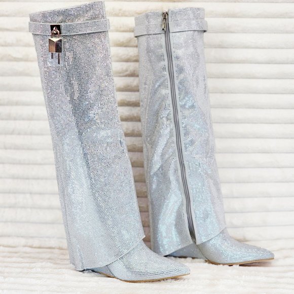 Super Sparkle Sharky Silver Rhinestone Skirted Fold Over Wedge Heel Knee Boots - Picture 8 of 12